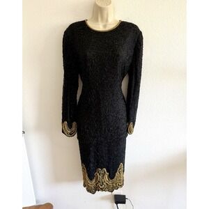 Vintage 100% Silk Beaded Dress Laurence Kazar Black Gold Cocktail Evening Sz S